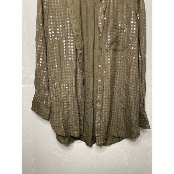 Anthropologie Maeve Sequin Button Down Shirt Size Small Olive Green Long Sleeve - Picture 3 of 10